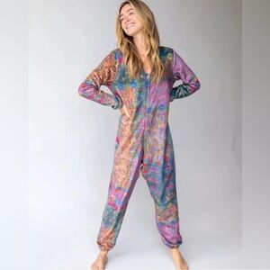 Natural Life Fleece One Piece Pajama Jumpsuit Zip Up Floral Colorful Boho Size S